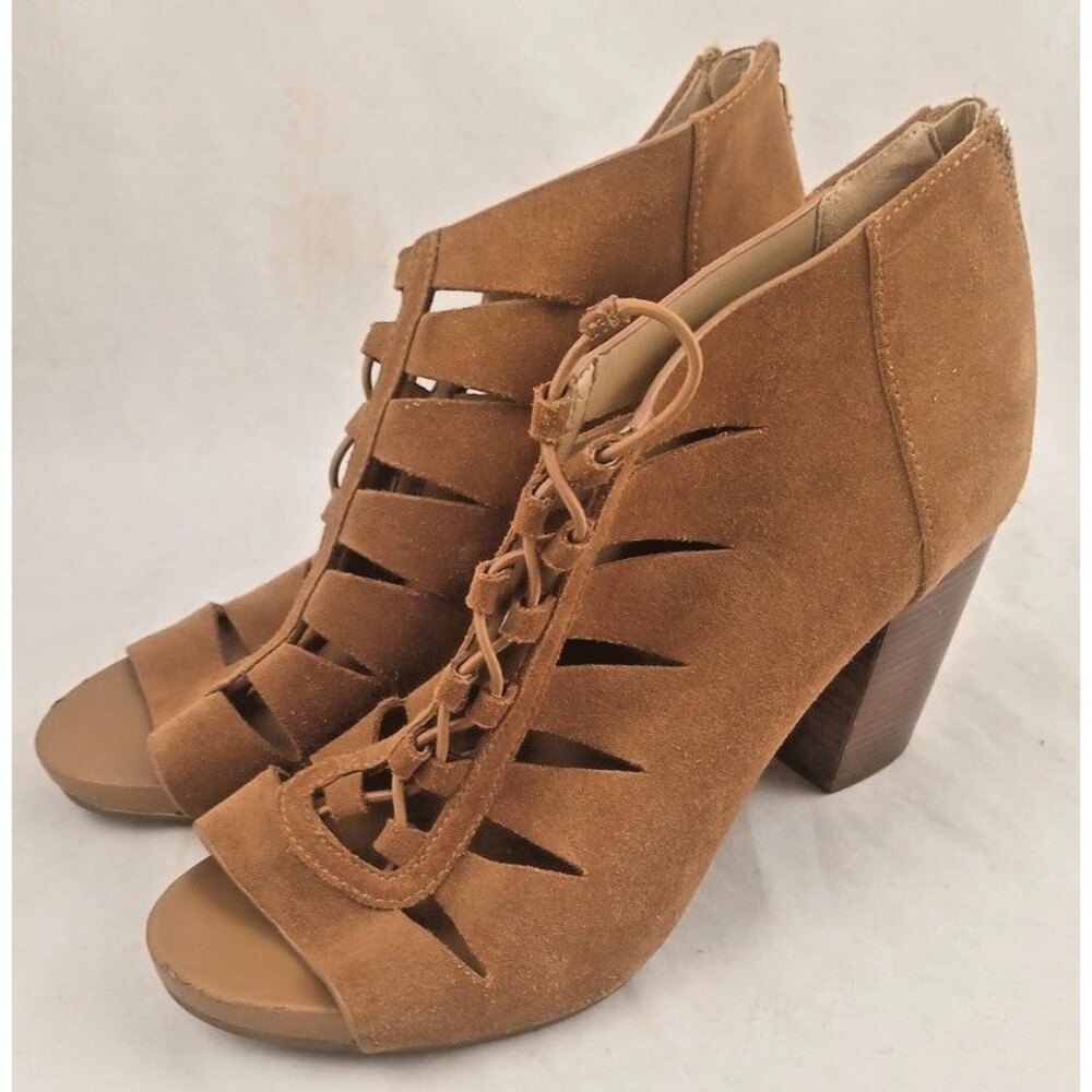 Michael Kors Suede Lace Up Cage Booties Brown Heeled Sandals Size 6.5M VC17E